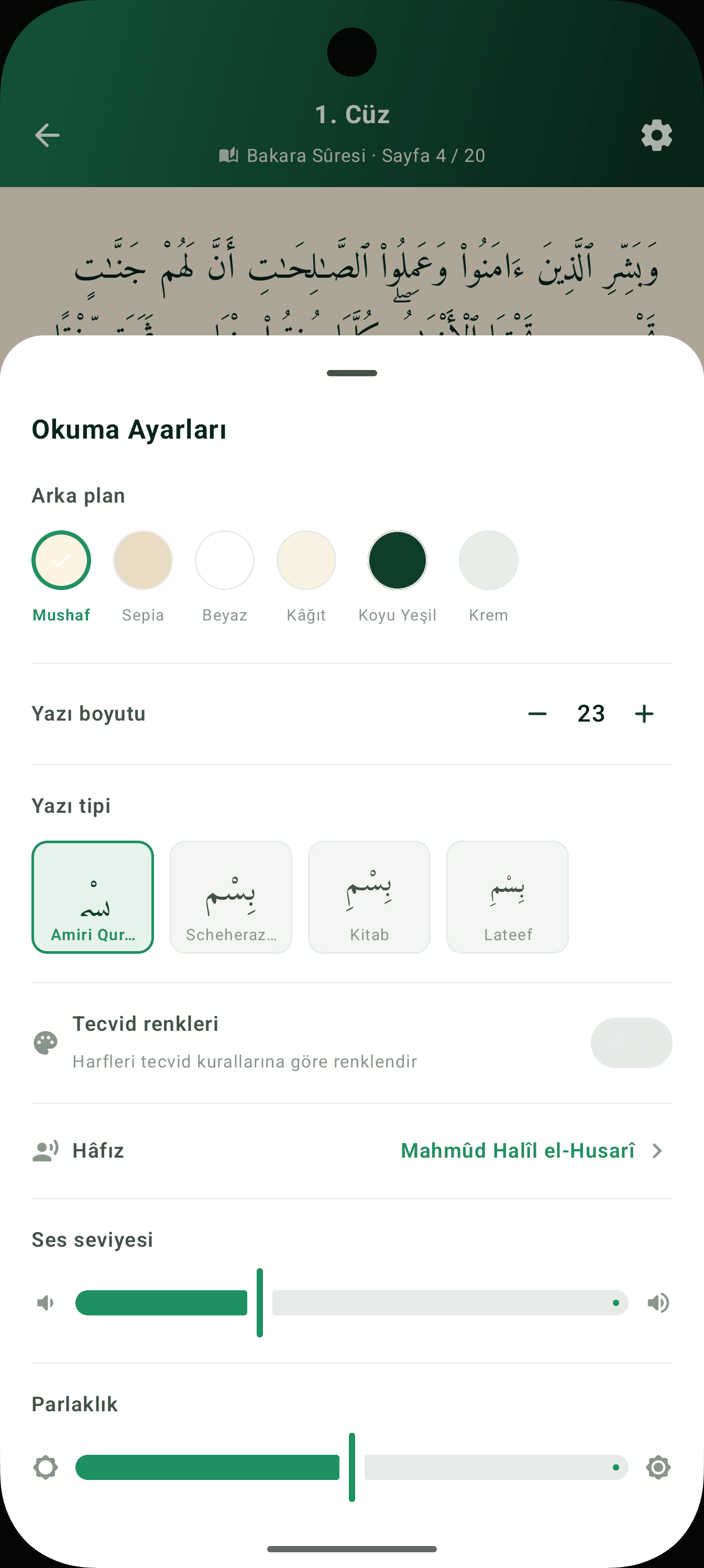 Kur'an okuma ayarları ekranı